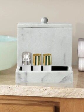 Marble Resin Q Tip Holder Bathroom Home Goods Heavyweight Stone Clean Look
